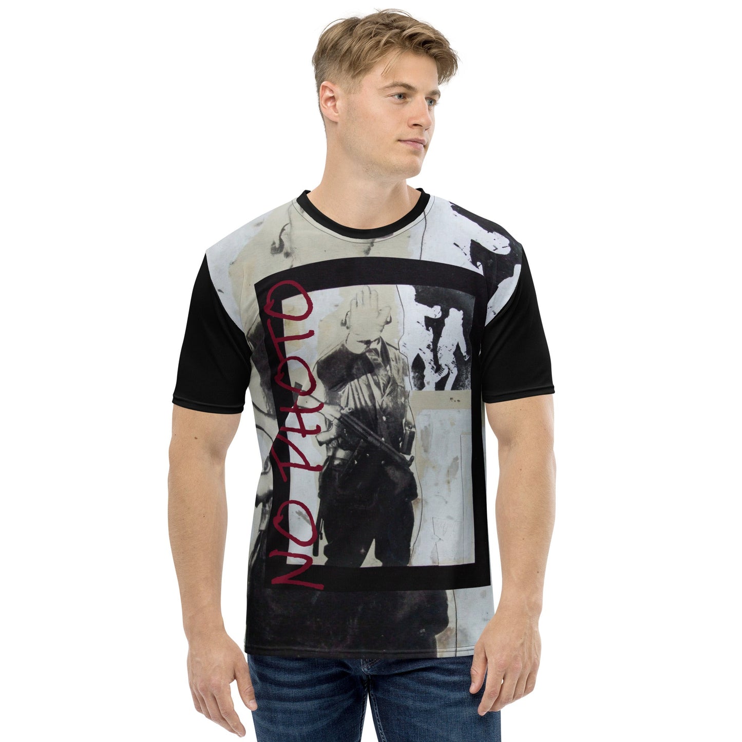 Peter Kennard No Photo men's t-shirt, censorship and press freedom protest art, Pen vs Sword