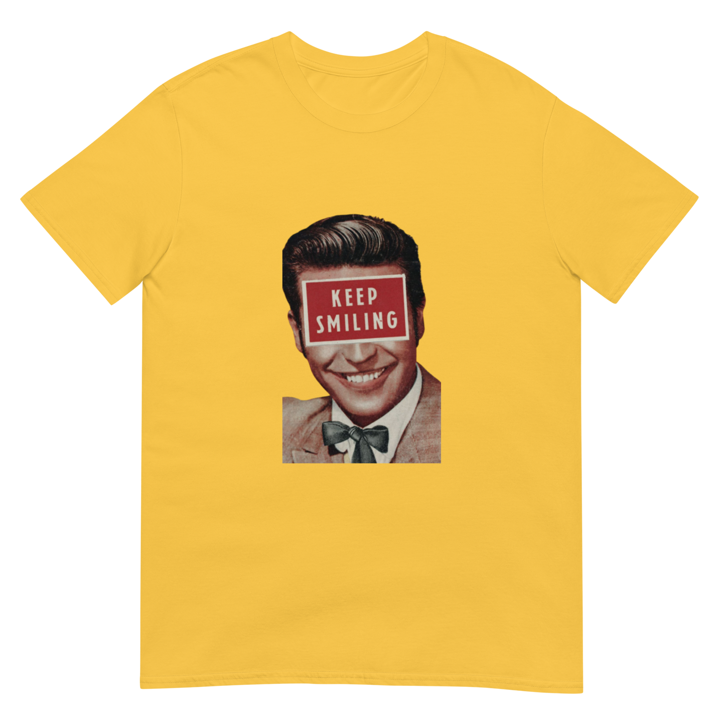 Yellow t-shirt with a graphic of a smiling man with a 'Keep Smiling' sign over his eyes on a white background.