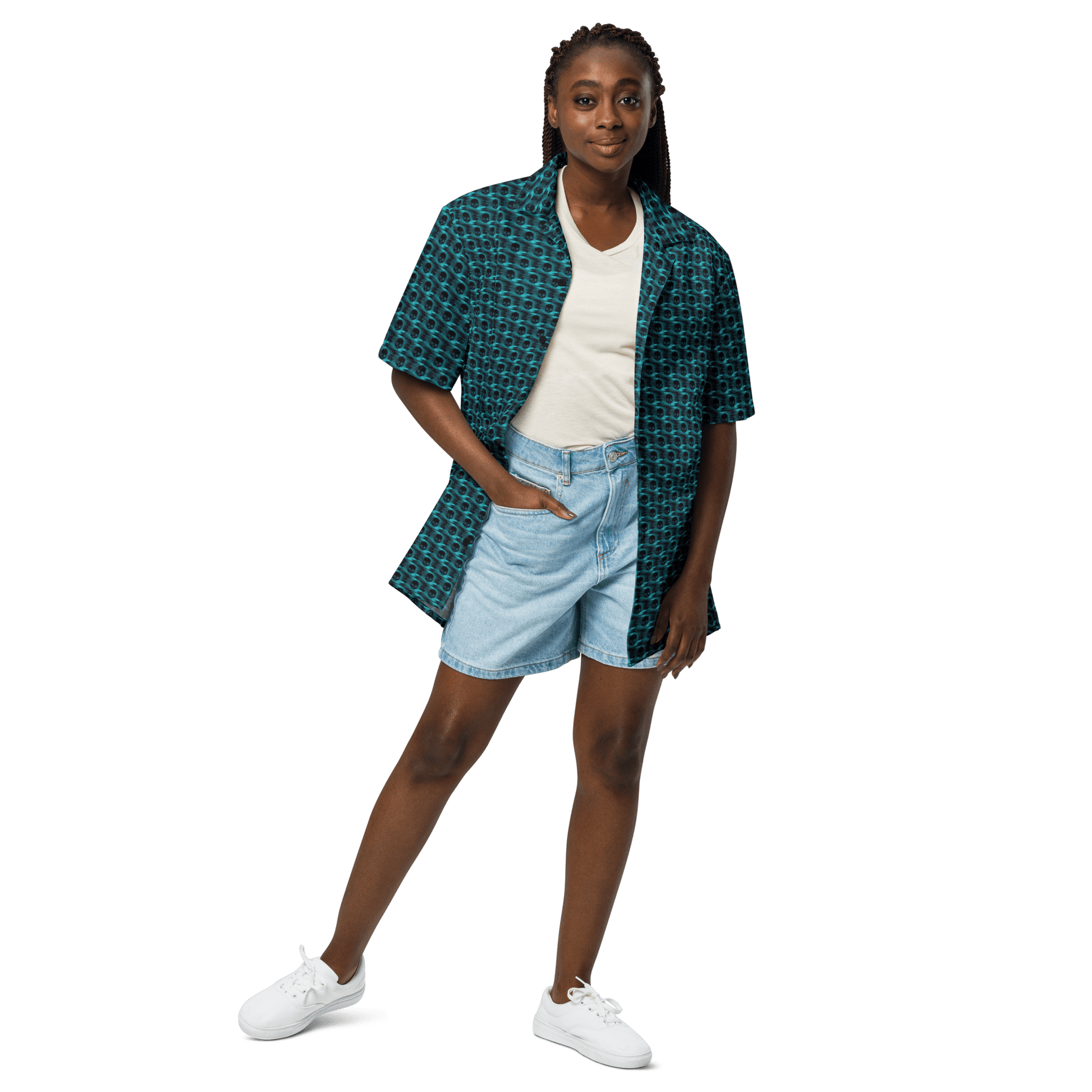 Virus computer art all-over print button shirt, digital disruption protest fashion, Pen vs Sword