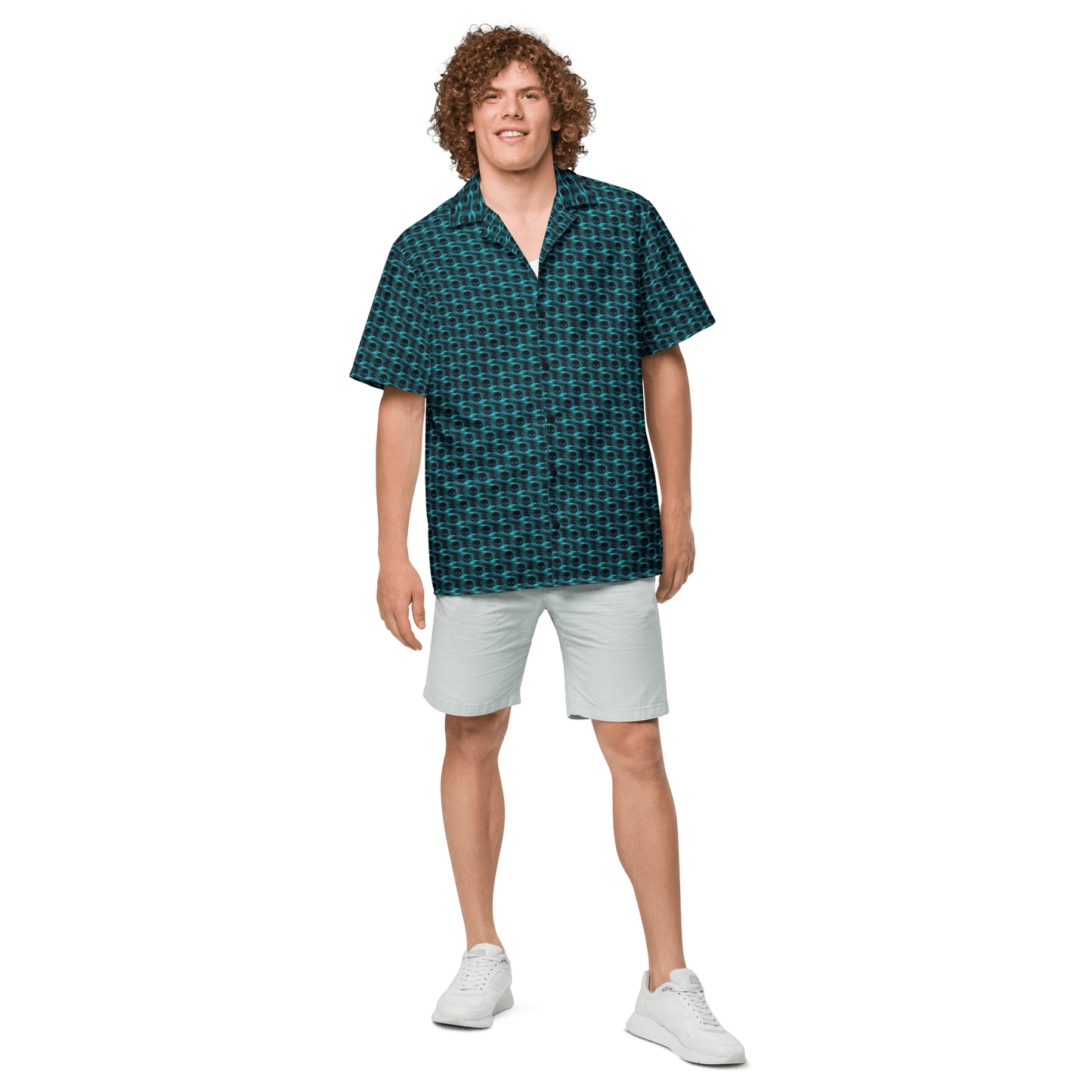 Virus computer art all-over print button shirt, digital disruption protest fashion, Pen vs Sword