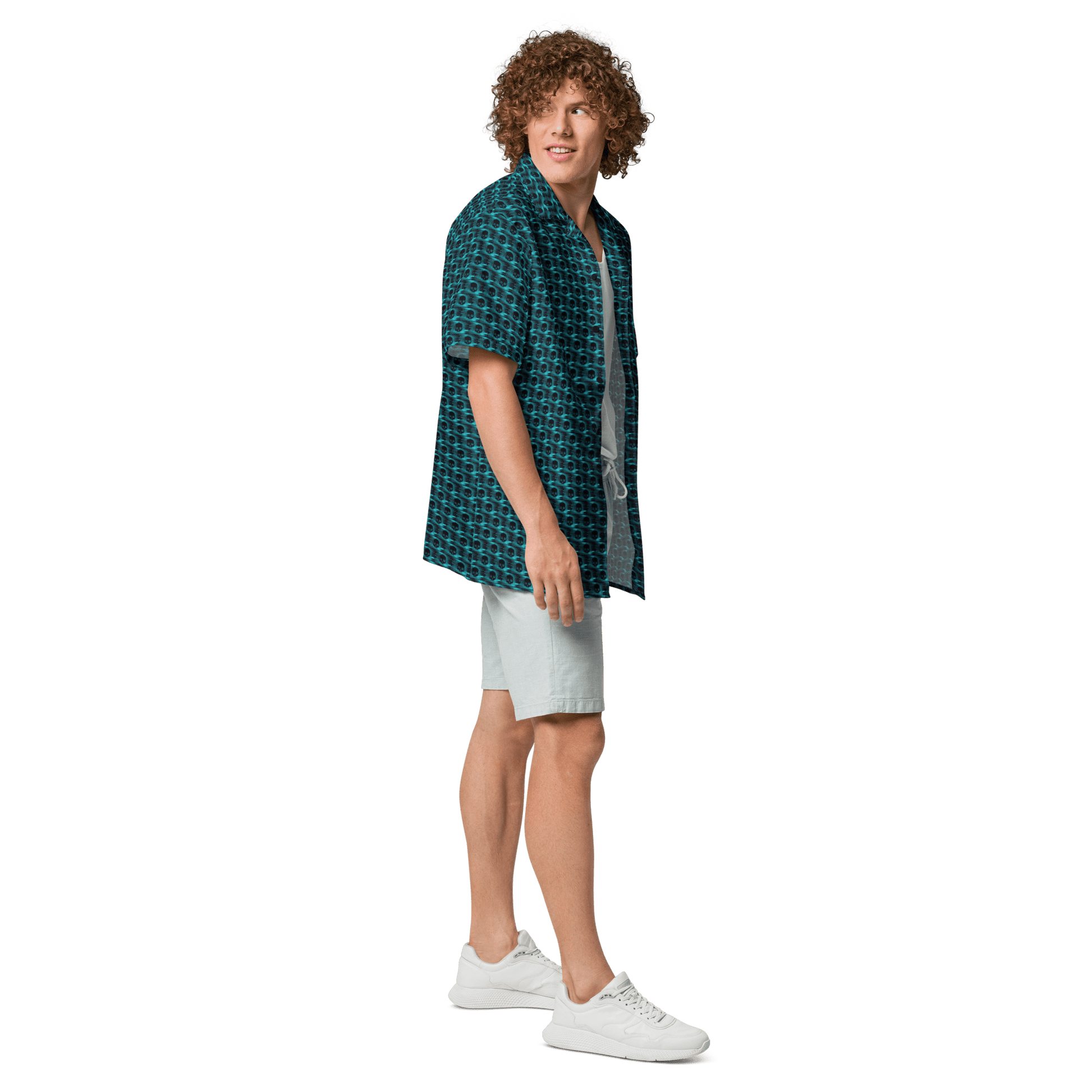 Virus computer art all-over print button shirt, digital disruption protest fashion, Pen vs Sword