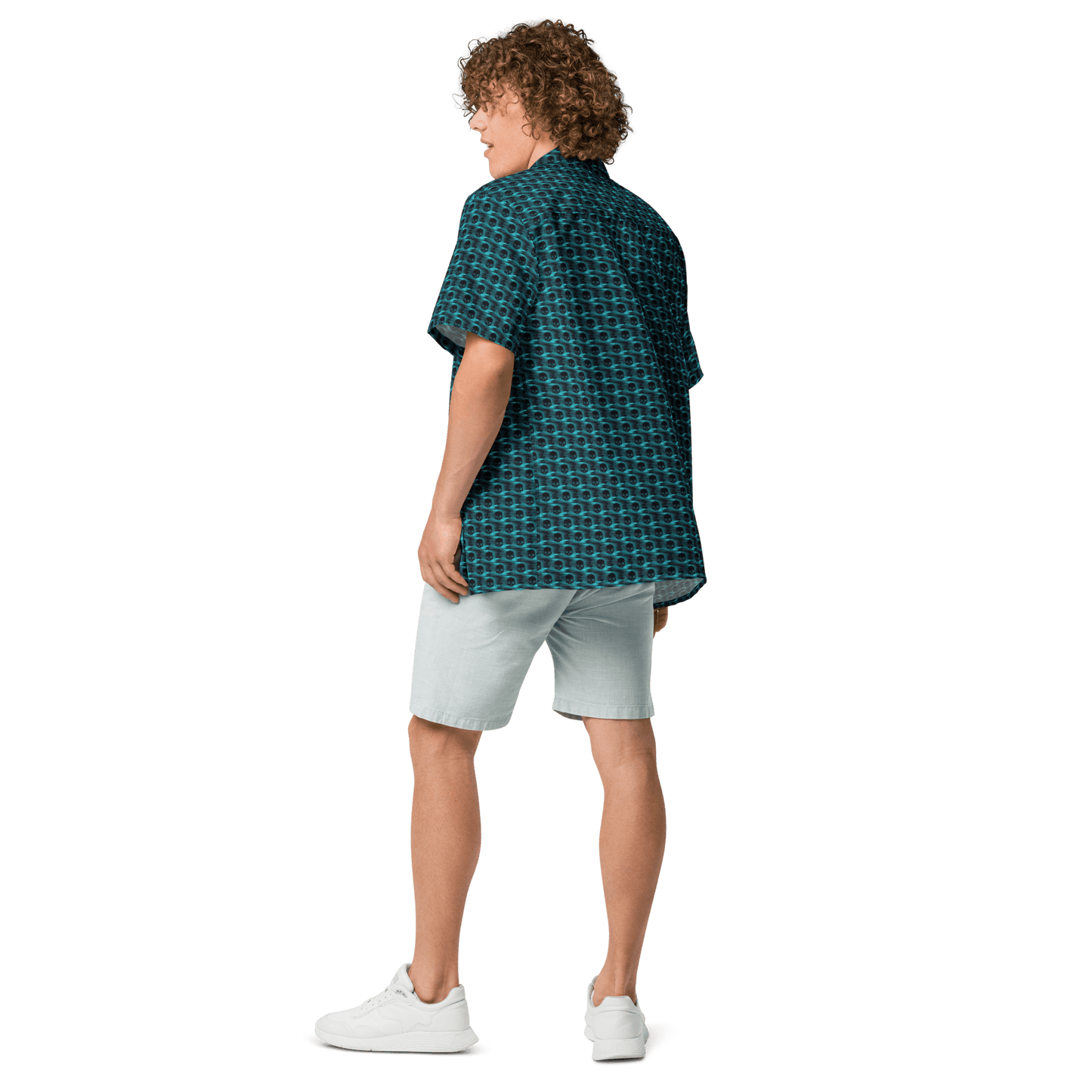 Virus computer art all-over print button shirt, digital disruption protest fashion, Pen vs Sword