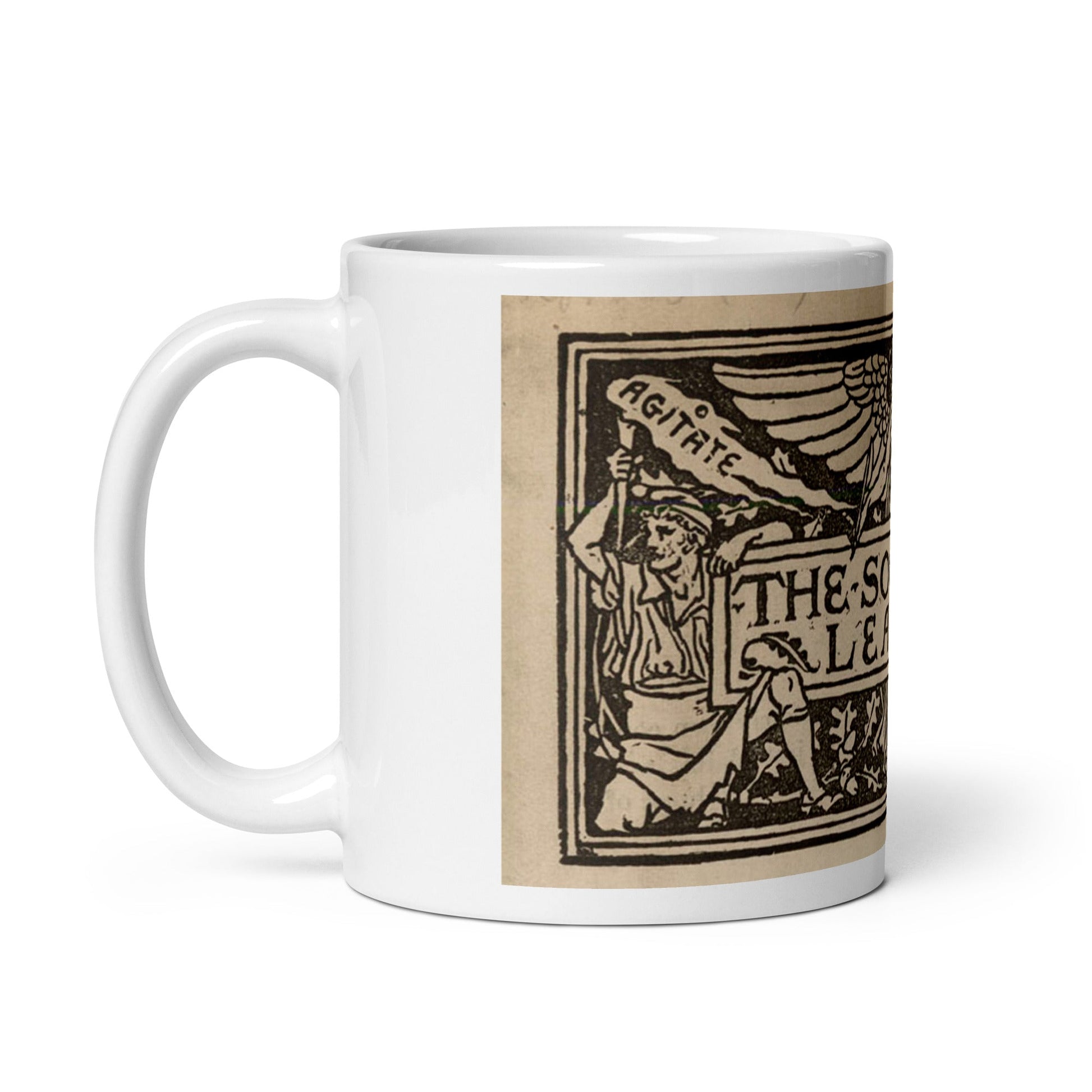 Walter Crane Socialist League ceramic mug, 19th century labour movement art, Pen vs Sword