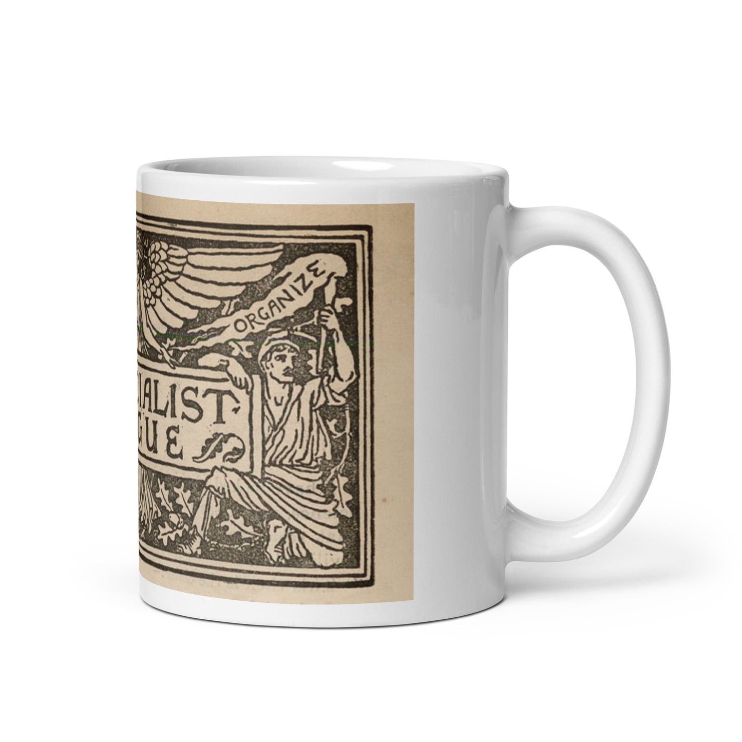 Walter Crane Socialist League ceramic mug, 19th century labour movement art, Pen vs Sword