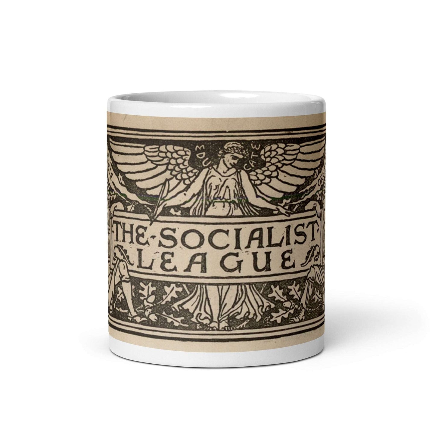 Walter Crane Socialist League ceramic mug, 19th century labour movement art, Pen vs Sword